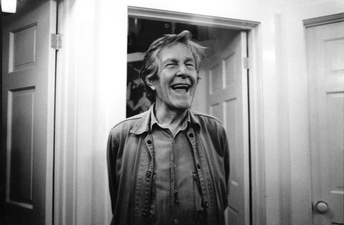 John Cage, facing forward and laughing, Telluride, 1989 (cropped image)
