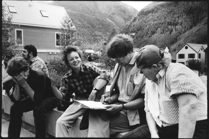 Portrait of composers sitting outside, working on their manifesto, Telluride, CO, 1990 (cropped image)