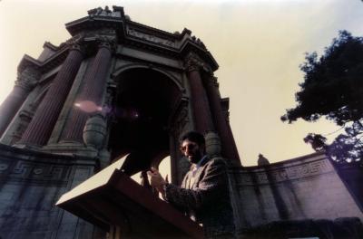 Charles Amirkhanian performing outdoors in San Francisco, ca. 1986