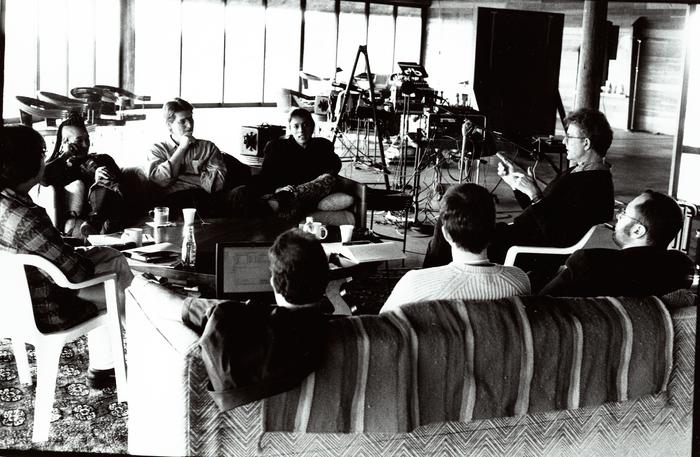 OM 4 participants in discussion, seated on couches at the Djerassi Resident Artists Program, Woodside, CA (1997)