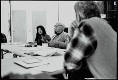 Miya Masaoka, David Raksin, and Charles Amirkhanian seated at table, Woodside, CA (1996)