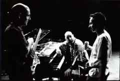Half length portrait of Henry Kaiser, Greg Goodman, and Lukas Ligeti during rehearsal, San Francisco, CA (1996)