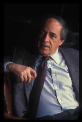 Pierre Boulez, seated in discussion during his appearance at Speaking of Music at the Exploratorium, San Francisco (1986)