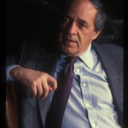 Pierre Boulez, seated in discussion during his appearance at Speaking of Music at the Exploratorium, San Francisco (1986)