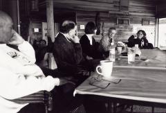 Julian Priester, Alvin Lucier, Mary Ellen Childs, Luc Ferrari, and Linda Bouchard sitting around a table, Woodside CA, (1999)