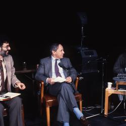 Charles Amirkhanian, Pierre Boulez and unidentified staff onstage during Speaking of Music (1986)