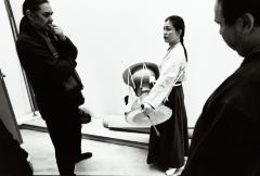 Glen Velez, Eun-ha Park holding drum, & William Winant, standing, 2001 (cropped image)
