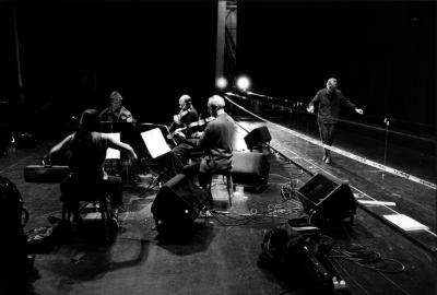Kronos Quartet and Ellen Fullman, rehearsing or performing during OM 8, San Francisco CA, (2002)