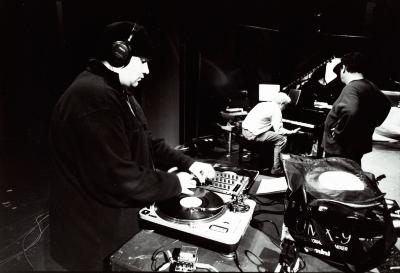 DJ Eddie Def, Chris Brown, & William Winant, during a rehearsal for OM 7, (2001)