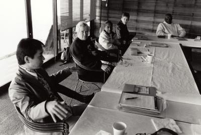 Takashi Harada, Pauline Oliveros, Tania León, Ellen Fullman, and Randy Weston, half length portrait, seated around table, Woodside CA, (2002)