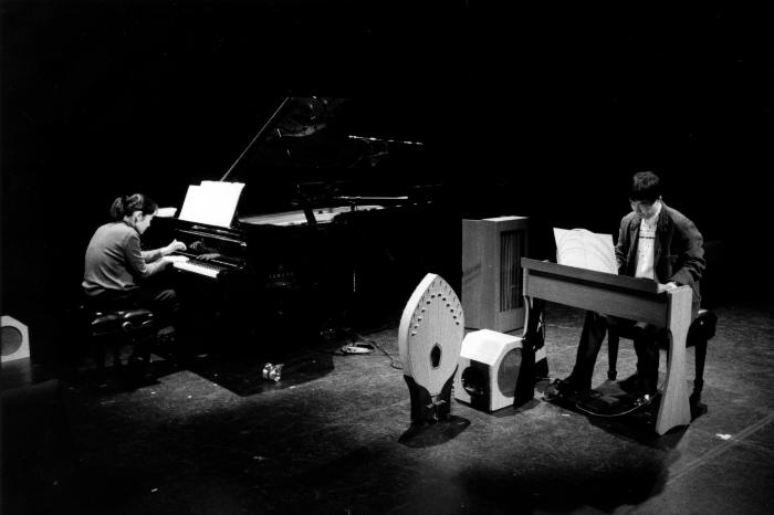 Hiroko Sakurazawa, playing piano, and Takashi Harada, playing the Ondes Martenot, full length portrait, San Francisco (cropped image)
