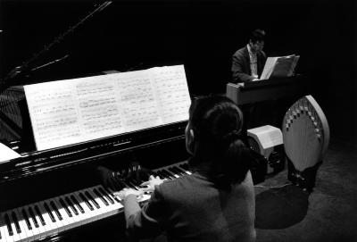 Hiroko Sakurazawa, playing piano, and Takashi Harada, playing the Ondes Martenot, half length portrait, San Francisco (cropped image)