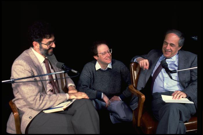 Charles Amirkhanian, unidentified staff, and Pierre Boulez onstage at the Exploratorium, San Francisco (1986)
