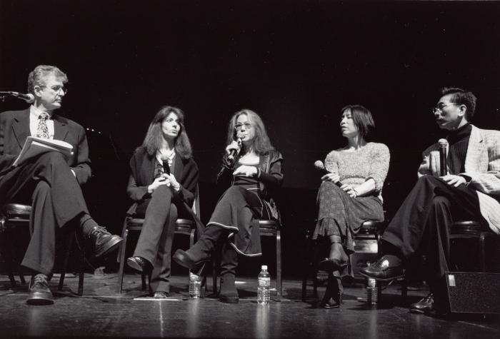 Charles Amirkhanian onstage with Evelyn Glennie, Amy X Neuburg, Gloria Cheng, and Ge Gan-ru during a panel discussion as part of OM 9, San Francisco CA, (2003)