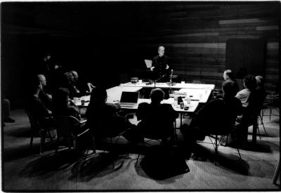 Charles Amirkhanian speaking to fellow OM 11 composers during the Djerassi Resident Artists Program, Woodside, CA (2005)