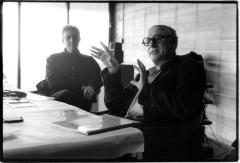 Charles Amirkhanian looks on as Michael Nyman speaks to other OM 11 composers, Woodside, CA (2005)