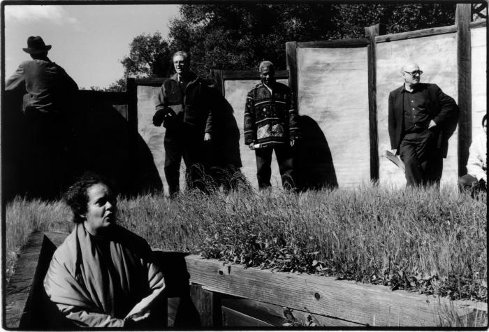 Maria de Alvear in a site sculpture, with Charles Amirkhanian, Billy Bang, and Michael Nyman standing on ground above, Woodside, CA (2005)