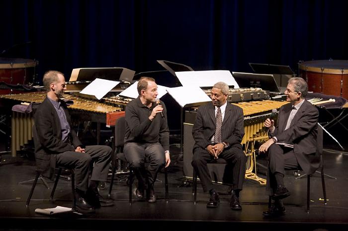 John Luther Adams, Evan Ziporyn, Billy Bang, and Charles Amirkhanian, seated, during panel discussion, ver. 01, San Francisco CA (2005)