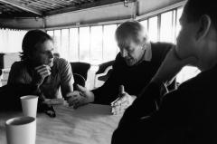 Markus Stockhausen and Per Nørgård, seated at table having a discussion, Woodside CA, 2006