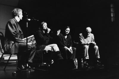 Charles Amirkhanian, Maja Ratkje, Joëlle Leandre, and Per Nørgård, seated on stage during panel discussion, San Francisco, 2006