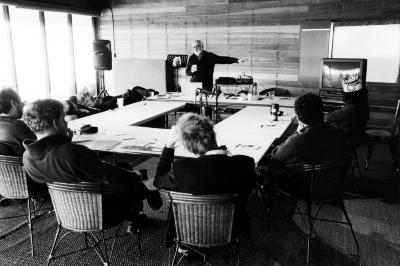 Morton Subotnick speaks to his fellow OM13 participants, Woodside (cropped image)