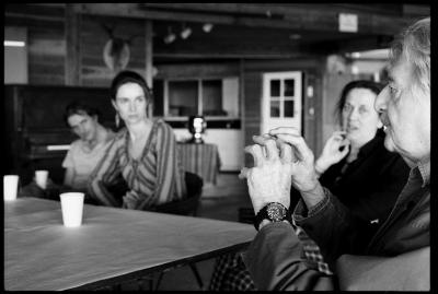 Markus Stockhausen, Tara Bouman, and Joëlle Leandre listen as Peter Sculthorpe talks, Woodside CA, 2006