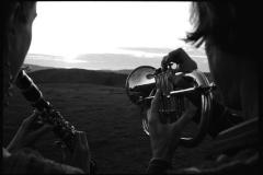 Portrait of the Woodside landscape seen from behind Tara Bouman and Markus Stockhausen as they play their instruments, Woodside CA, 2006