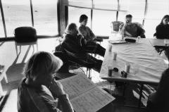 Frode Haltli, Peter Sculthorpe, Markus Stockhausen, Per Nørgård, and Tara Bouman, sitting around a table, Woodside CA, 2006