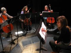 Cellists Thalia Moore, Gianna Abondolo, Erika Duke-Kirkpatrick, & composer Catherine Lamb (l to r) during a rehearsal of “Dilations,” prior to its world premiere at OM 14, San Francisco CA., (2009)
