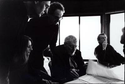 Michael Harrison & Chico Mello, (l to r), standing, with Dobromiła Jaskot, Ben Johnston, (l to r) sitting, looking down at score with John Schneider (far r), sitting and looking forward, Woodside CA. (2009)