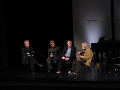 Charles Amirkhanian, Chinary Ung, Bent Sørensen, & Ben Johnston (l to r), full length portrait, seated, panel discussion, San Francisco CA., (2009)