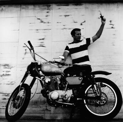 Portrait of Philip Levine on his motorcycle, Fresno, CA