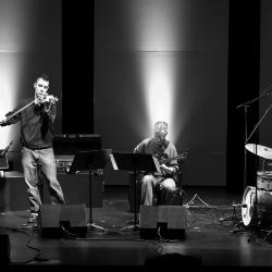 Gyan Riley, Timb Harris, Michael Manring, & Scott Amendola (l to r), full length portrait, performing on stage, San Francisco CA., (2010)