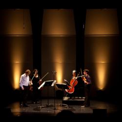 Quatuor Bozzini, full length portrait, performing at OM 15, San Francisco CA., (2010)