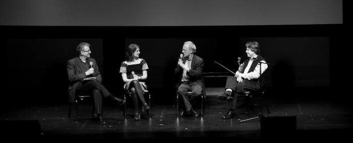 Charles Amirkhanian, Lisa Bielawa, Jürg Frey, and Clemens Merkel, seated, during panel discussion, ver. 01, San Francisco, CA (2010)