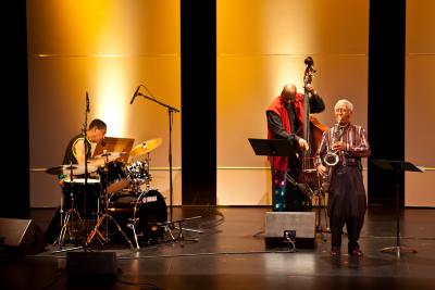 Warren Smith, William Parker, & Kidd Jordan (l to r), performing at 2nd concert of OM 15, ver. 1, San Francisco CA., (2010)