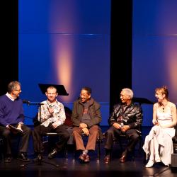 Charles Amirkhanian, Pawel Mykietyn, Warren Smith, Kidd Jordan, Natasha Barrett (l to r), during OM 15 panel discussion, San Francisco CA., (2010)