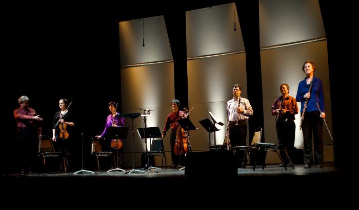 The Left Coast Chamber Ensemble, full length portrait, standing on stage, facing forward, San Francisco CA., (2010)