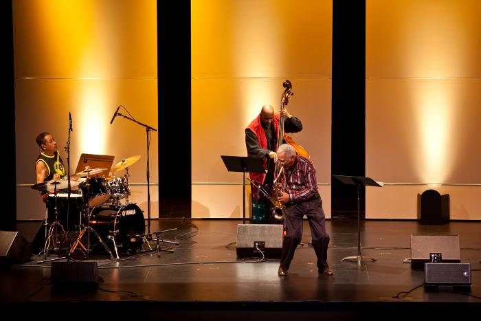 Warren Smith, William Parker, & Kidd Jordan (l to r), performing at 2nd concert of OM 15, ver. 3, San Francisco CA., (2010)