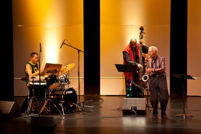Warren Smith, William Parker, & Kidd Jordan (l to r), performing at 2nd concert of OM 15, ver. 2, San Francisco CA., (2010)