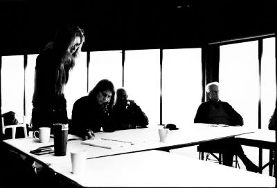 Natasha Barrett, Lisa Bielawa, Kidd Jordan, & Tom Johnson (l to r), during a composer’s presentation, Woodside CA., (2010)