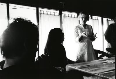Lotta Wennäkoski, standing, talks to fellow composers the Djerassi Resident Artists Program prior to OM 17, Woodside CA (2012)