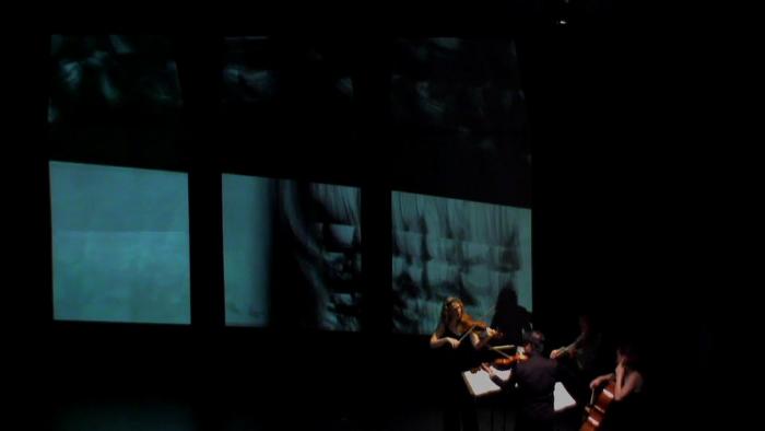 The Del Sol String Quartet performing Ken Ueno's "Peradam" with live video projections, OM 17