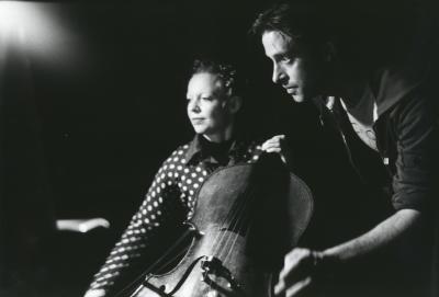 Simon Steen-Anderson working with cellist Tanja Orning prior to a performance at OM 17, San Francisco CA (2012)