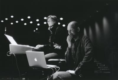 Ellen Ugelvik of asamisimasa and Øyvind Torvund, seated in the performance hall during a rehearsal prior to OM 17 (2012)