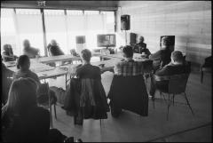 G. S. Sachdev, seated, giving a presentation to fellow composers during the Djerassi Resident Artists Program, Woodside CA (2013)