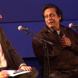 Charles Amirkhanian and Swapan Chaudhuri onstage during the first panel discussion of OM 18, San Francisco, CA (2013)