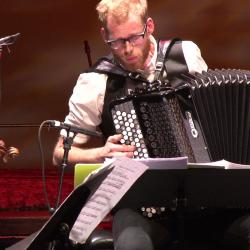 Accordionist Andreas Borregaard of Trio Gáman performing during OM 18, San Francisco CA (2013)