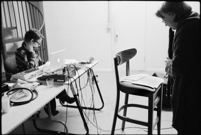 Paula Matthusen, seated, and Michala Petri standing, playing recorder, Woodside, CA (2013)