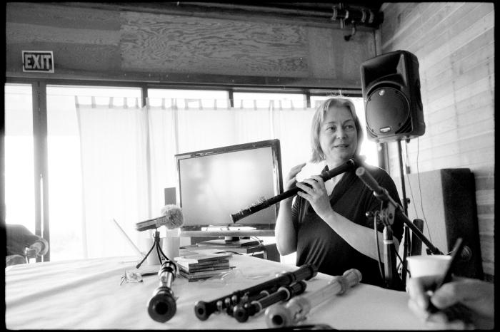 Michala Petri, seated, demonstrating her various recorders at the Djerassi Resident Artists Program, Woodside CA (2013)